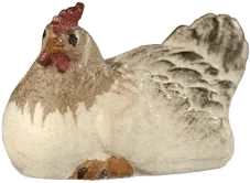Hand-carved and hand-painted wooden hen lying down with naturalistic colors