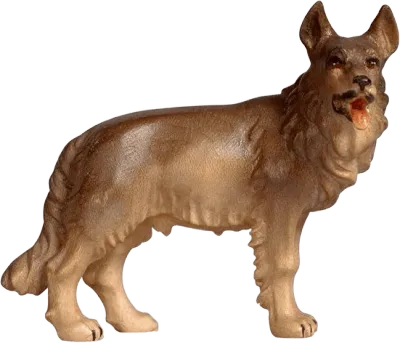 Hand-carved and hand-painted wooden German Shepherd nativity figure in brown tones