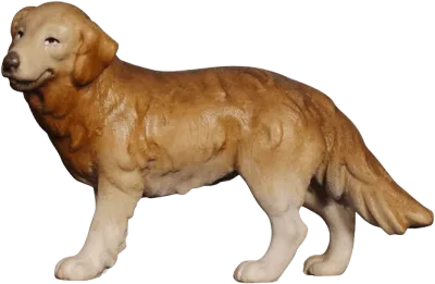 Hand-carved and hand-painted wooden sheep dog nativity figure in brown and cream tones
