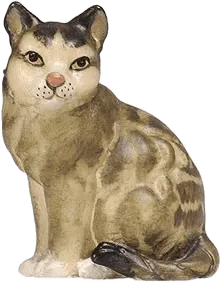 Hand-carved and hand-painted wooden cat figure sitting with brown and beige markings