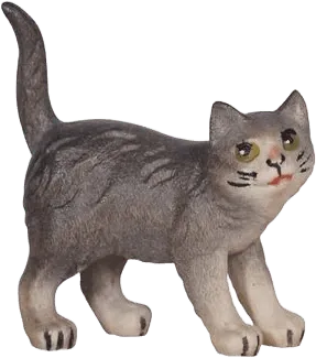 Hand-carved wooden cat figure standing, painted in grey and white tones with yellow eyes