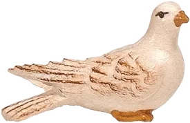 Hand-carved wooden dove figure painted white with brown details, sitting pose