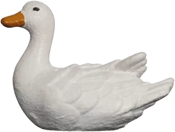 Hand-carved wooden duck figure swimming left with white body and orange beak