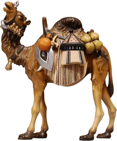 Hand-carved wooden camel with detailed luggage and saddle, painted in natural brown and beige tones