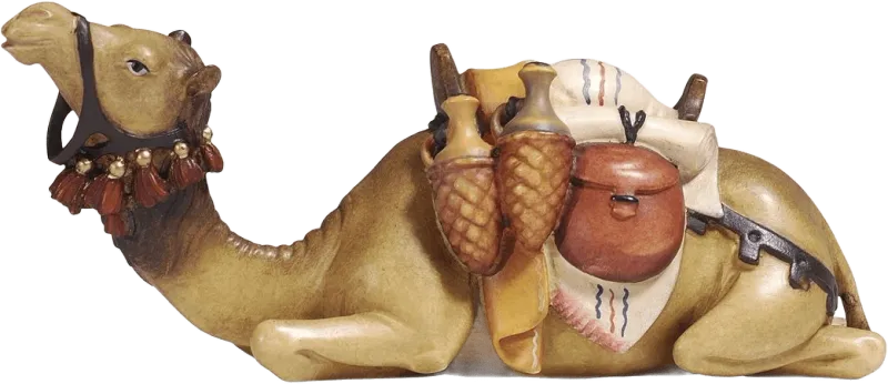 Hand-carved wooden camel lying down with painted saddle bags and bridle in natural and brown tones