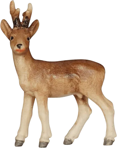 Hand-carved wooden stag figure with brown and cream tones, standing pose
