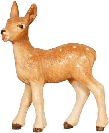 Hand-carved and hand-painted wooden fawn figure with light brown body and white spots