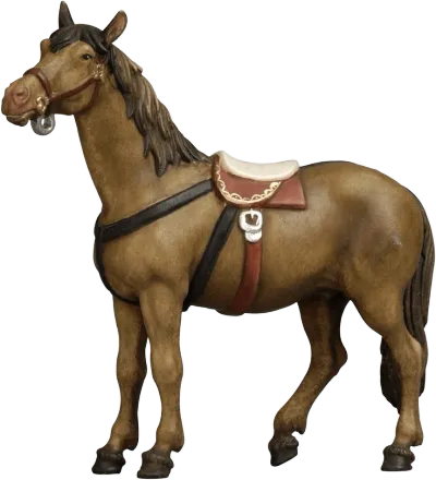 Hand-carved and hand-painted wooden horse figure with saddle and harness in brown tones