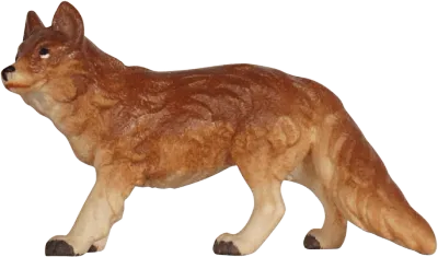 Hand-carved and hand-painted wooden fox figure in brown and beige tones