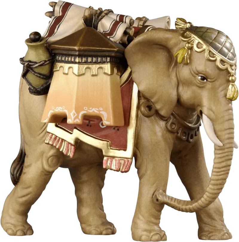 Hand-carved wooden elephant with luggage and decorative paint in gold and earth tones