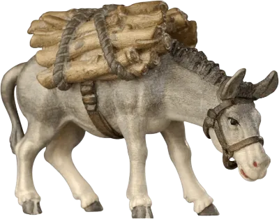 Hand-carved wooden donkey carrying wood bundle, painted natural colors