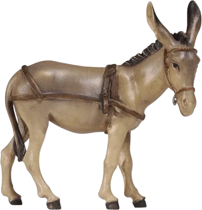Hand-carved wooden donkey figure with harness, painted in natural brown tones