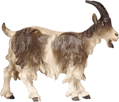 Hand-carved wooden goat figure with raised head, brown and cream colors