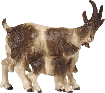 Hand-carved wooden goat with kid figure, brown and cream tones, detailed texture