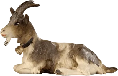 Hand-carved and hand-painted wooden goat figure lying down with collar and bell
