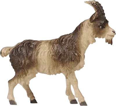 Hand-carved wooden short-haired goat nativity figure in brown and cream tones