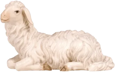 Hand-carved wooden sheep lying down looking left with textured white wool and painted details