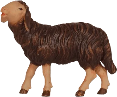 Hand-carved and hand-painted dark brown sheep eating with head raised