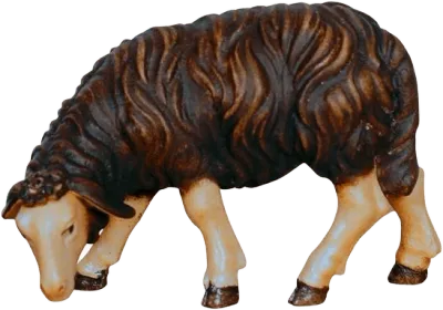 Hand-carved wooden dark sheep grazing with head down looking left, brown and cream colors