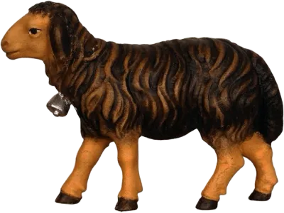 Hand-carved wooden dark brown sheep with bell around neck, side view