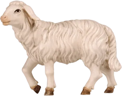 Hand-carved wooden sheep figure standing with head raised, painted white with brown hooves