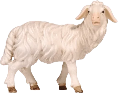 Hand-carved wooden sheep figure standing looking right with textured white wool and painted details