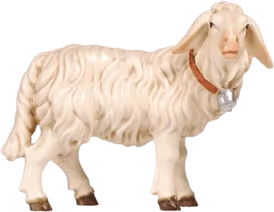 Hand-carved wooden sheep standing with a bell around its neck, cream color with brown hooves