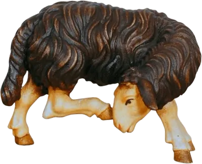 Hand-carved wooden dark sheep scratching with detailed wool texture and natural paint