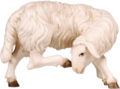 Hand-carved wooden sheep scratching with detailed white fur and brown hooves