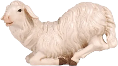 Hand-carved and hand-painted wooden sheep figure kneeling, white with brown hooves
