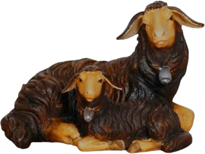 Hand-carved and hand-painted dark sheep lying with lamb nativity figure