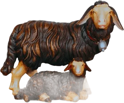 Hand-carved and hand-painted wooden dark sheep group with standing and lying sheep