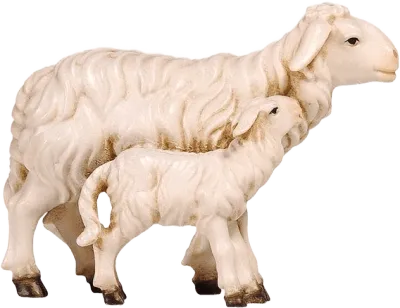 Hand-carved wooden sheep with lamb standing side by side, painted white with brown hooves