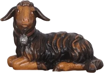 Hand-carved wooden dark lamb lying down looking left with a bell on its neck