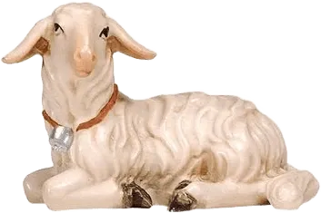 Hand-carved wooden lamb lying down looking left with a small bell on a red collar