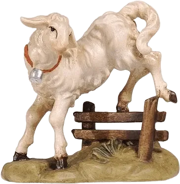Hand-carved wooden lamb jumping over a small fence, painted in natural colors