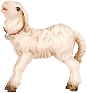 Hand-carved and hand-painted wooden lamb standing with textured fleece, white with brown hooves and collar