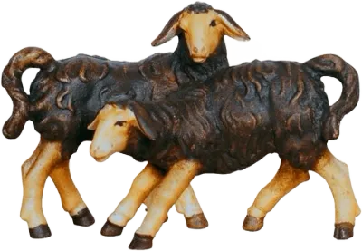 Pair of dark lambs hand-carved wooden nativity animals with dark coats and light legs