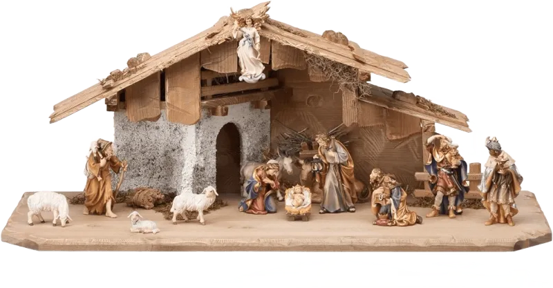 15-piece hand-carved and hand-painted wooden nativity set with rustic stable, angel, Holy Family, shepherds, kings, and animals