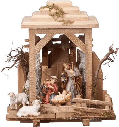 7-piece hand-carved wooden nativity set with lantern-style stable and figures of Mary, Joseph, baby Jesus, and two sheep