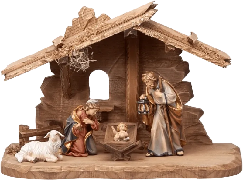 6-piece hand-carved and hand-painted wooden nativity set with Tyrolean stable, Holy Family and lamb