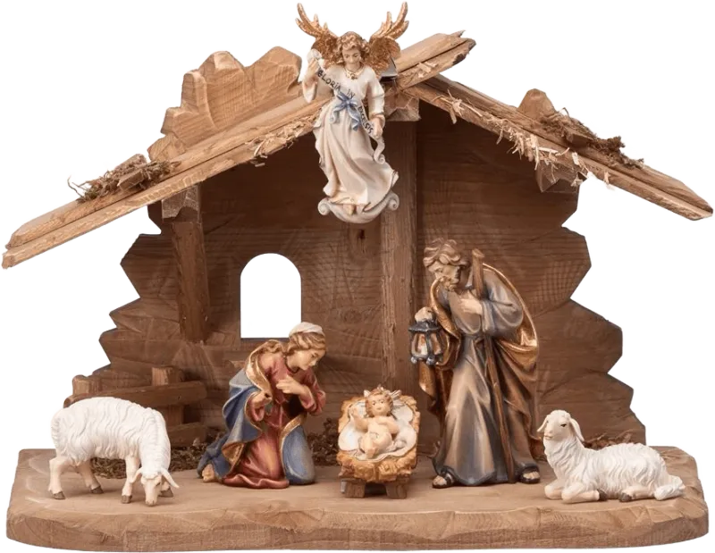 Hand-carved and hand-painted wooden nativity set with Tyrolean stable, Mary, Joseph, Baby Jesus, angel, and two sheep