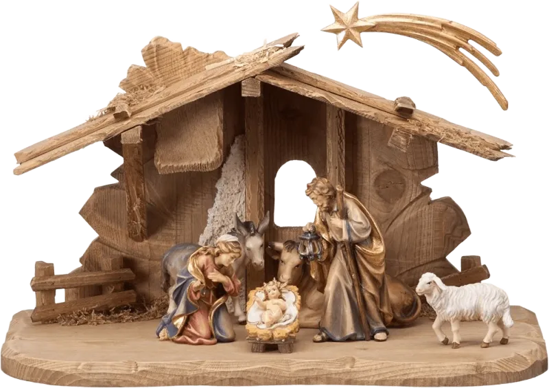 9-piece hand-carved wooden nativity set with Tyrolean stable, Holy Family, animals, and golden star