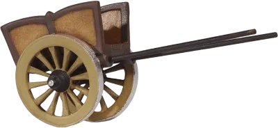 Hand-carved wooden cart accessory with painted details in brown and beige