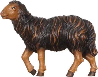 Hand-carved wooden dark sheep standing with head up, painted brown and tan