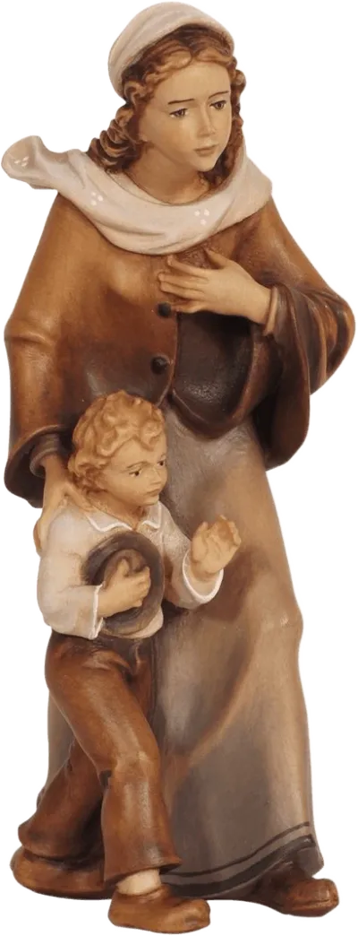 Hand-carved wooden Shepherdess with Boy figure, painted in brown and beige tones