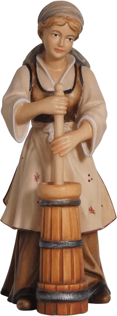 Hand-carved wooden shepherdess figure holding a butter churn, painted in soft earth tones with headscarf and apron