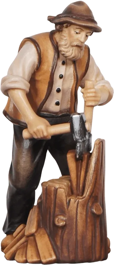 Hand-carved wooden figure of a bearded man chopping wood with axe, painted in natural tones