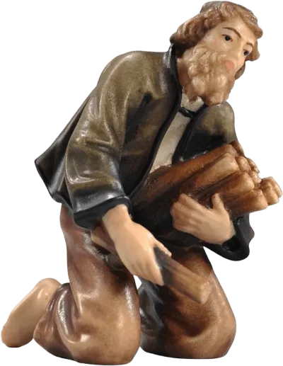 Hand-carved wooden shepherd kneeling with firewood, hand-painted in natural colors