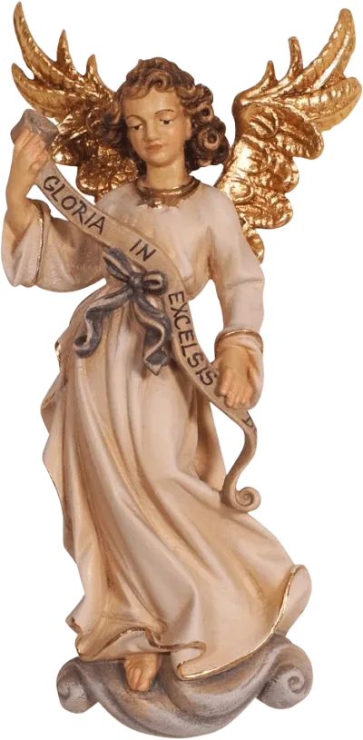 Hand-carved wooden Gloria Angel figure with gold wings and flowing robes holding a banner